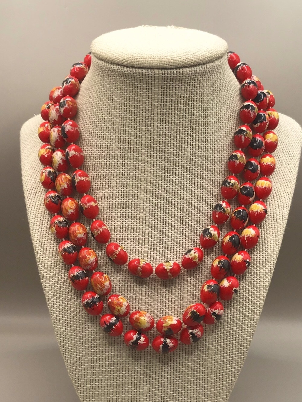 Hand-Painted Red Multistrand Beaded Necklace